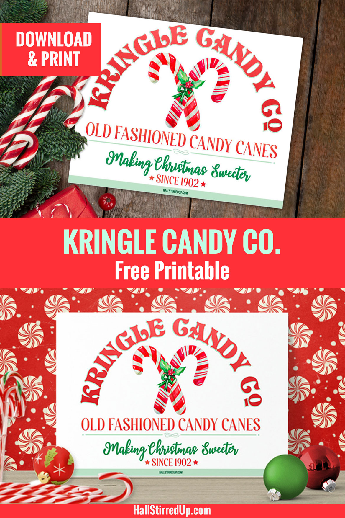 Share holiday fun with a free Kringle Candy Co. printable sign